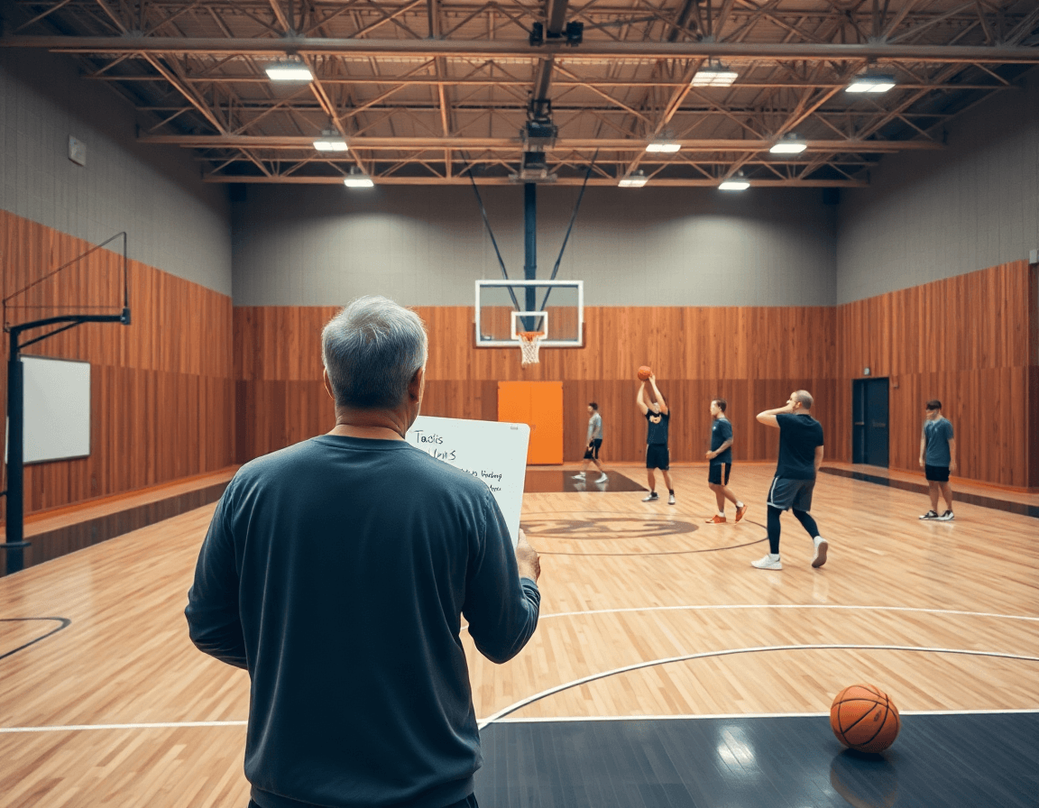 Plano general de un entrenamiento baloncesto minibasket en un gimnasio; entrenador con pizarra guía a los jugadores.