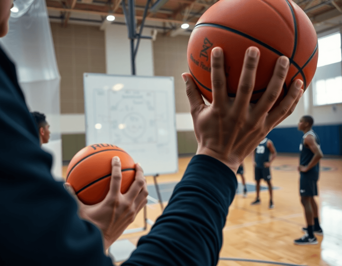 Primer plano de manos sosteniendo una pelota naranja durante entrenamientos de baloncesto en casa.
