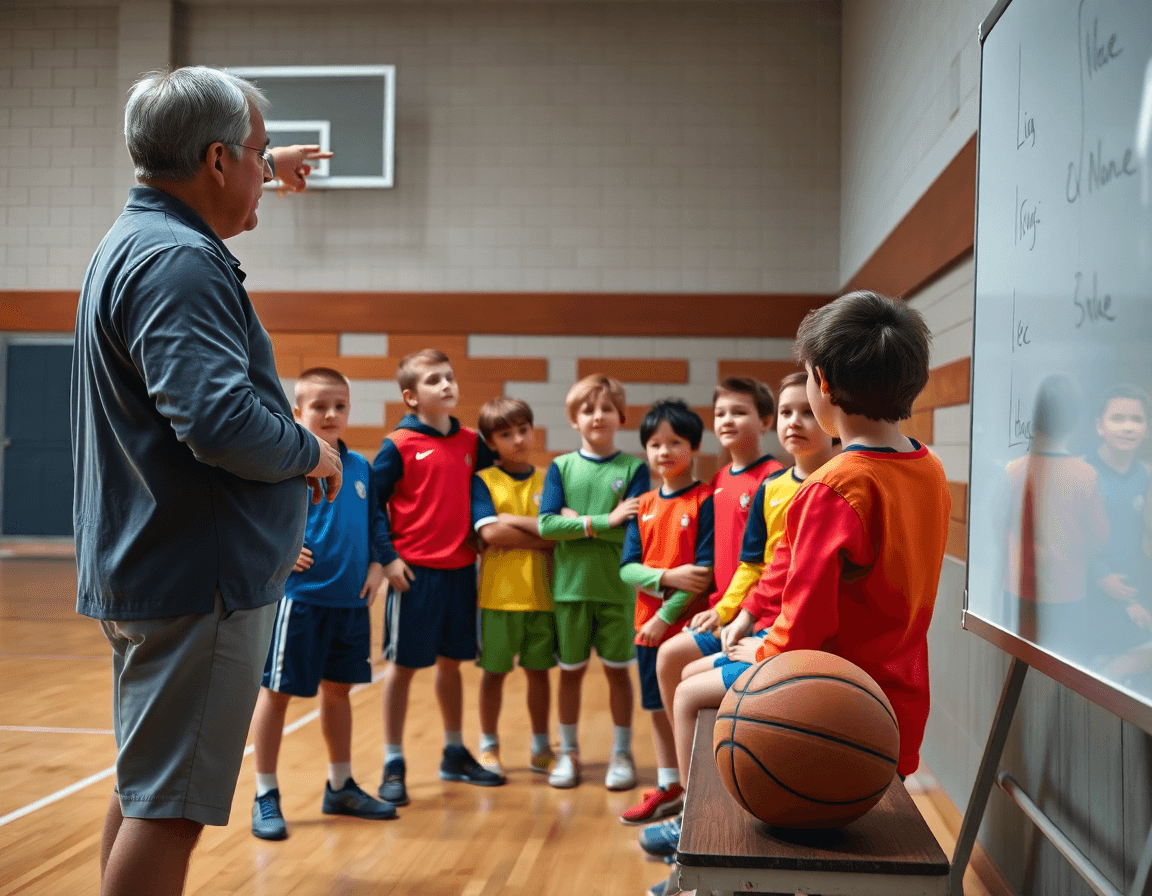 Plano cercano de entrenamientos de baloncesto para niños mientras coach señala una pizarra.