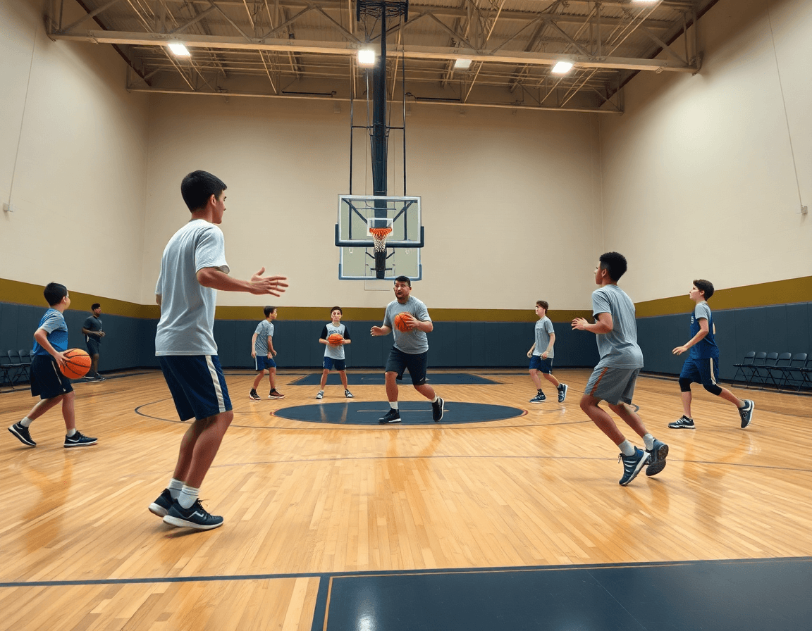 Acción de entrenamientos de baloncesto para niños, driblan y pasan bajo la mirada del entrenador.