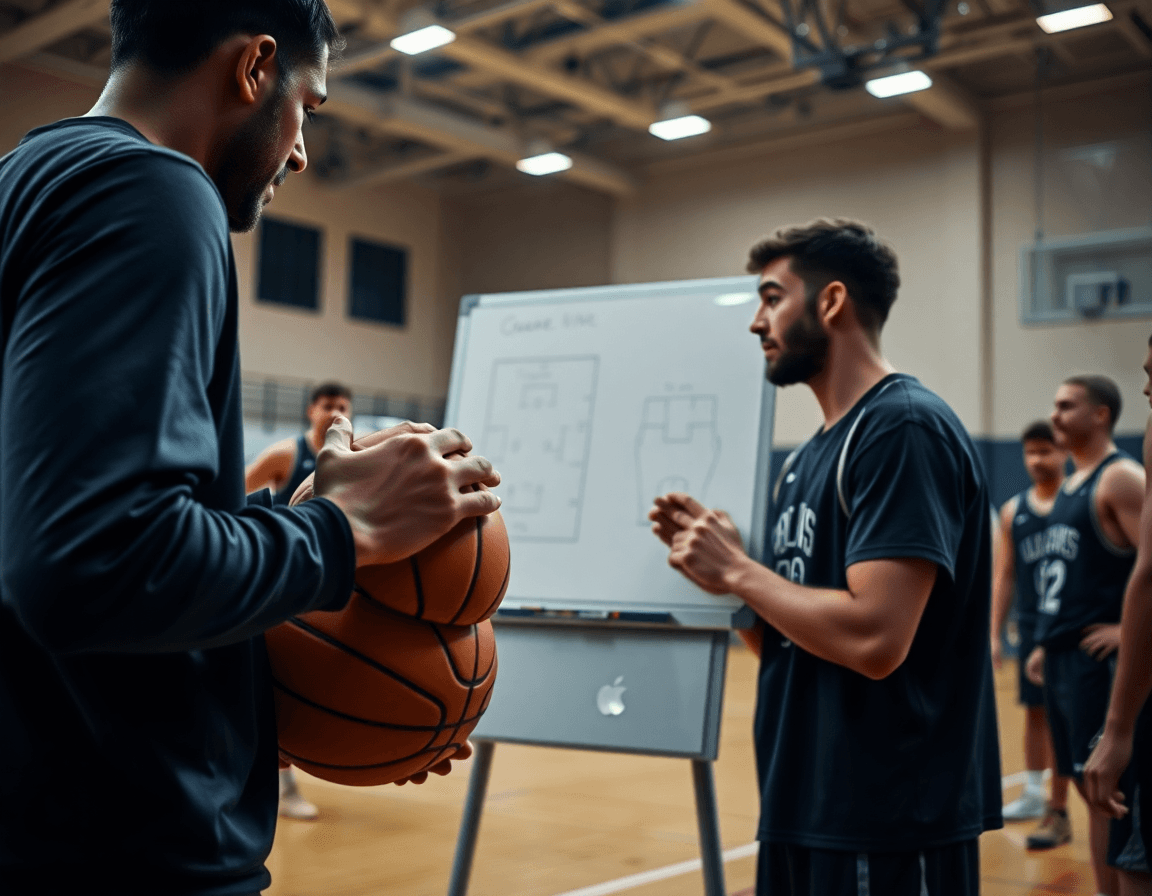 Coach marca jugadas en una pizarra blanca para entrenamientos de baloncesto para niños, rodeados de jugadores.
