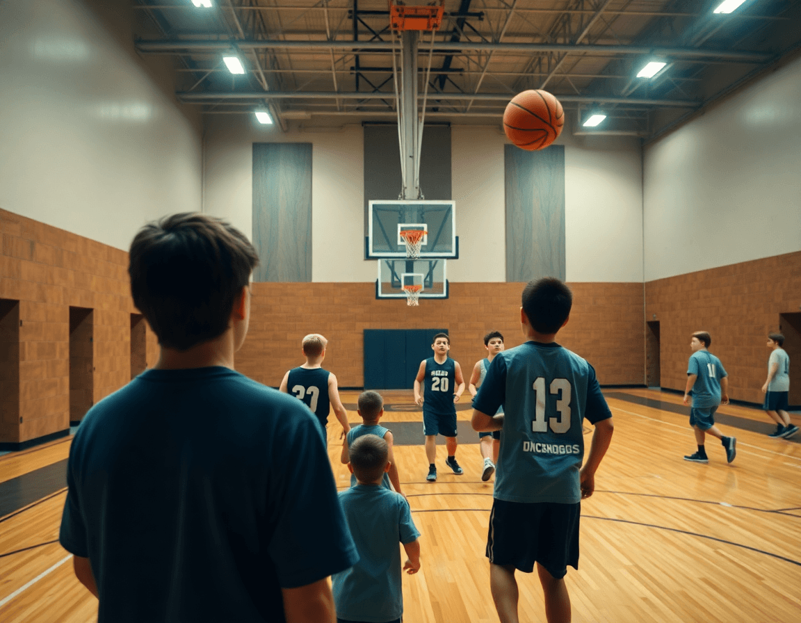 entrenamientos de baloncesto para niños en un gimnasio, entrenador guiando a los jóvenes durante la práctica.