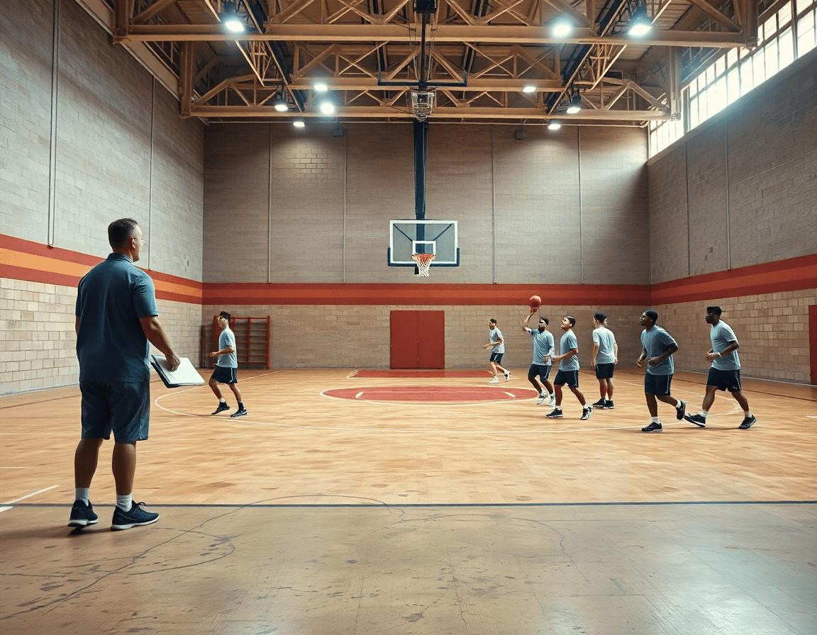 Escena amplia de gimnasio con entrenador y equipo; playbook basket visible cerca de la línea.