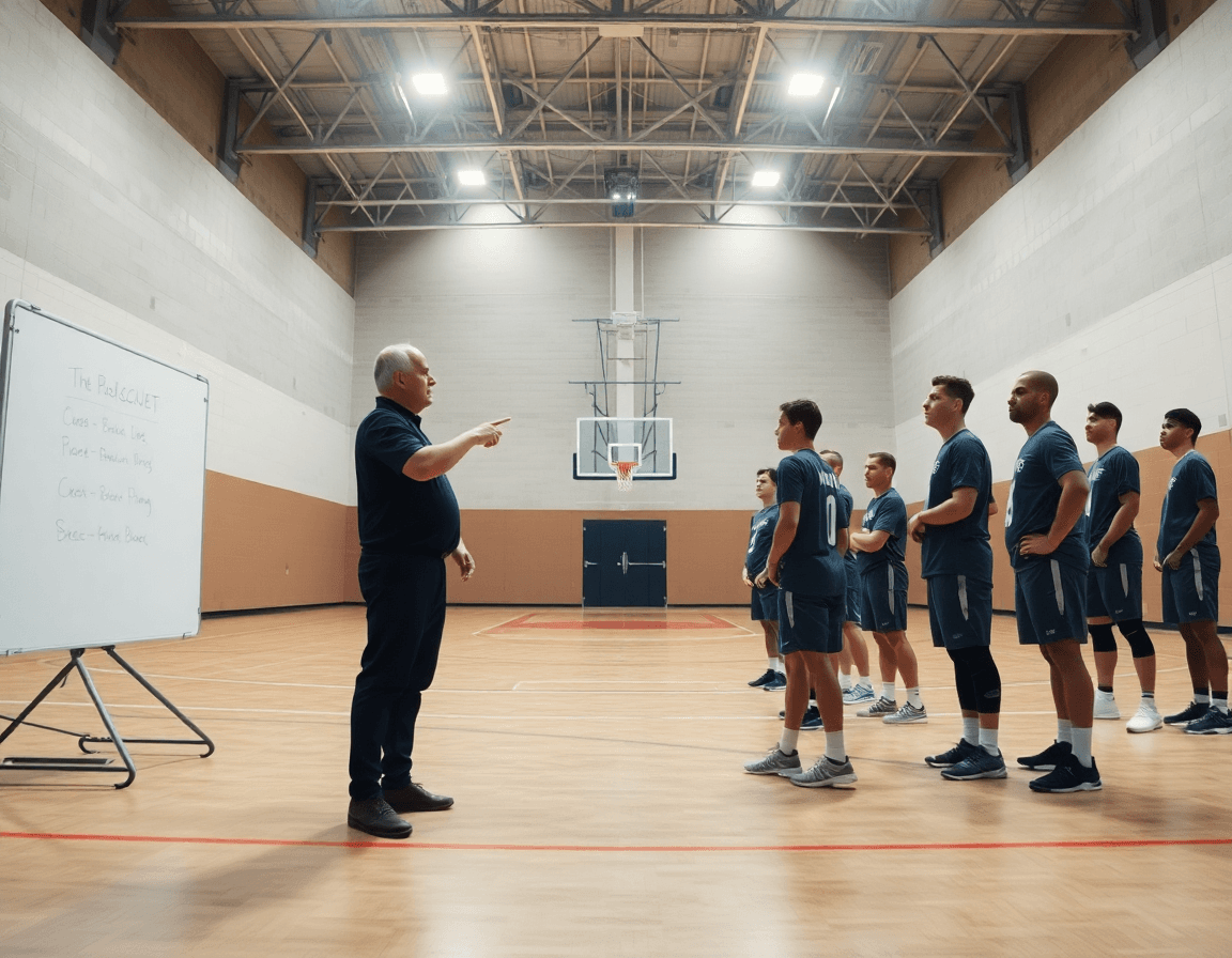 Gran escena de tactica baloncesto en gimnasio: entrenador con pizarra y jugadores atentos.