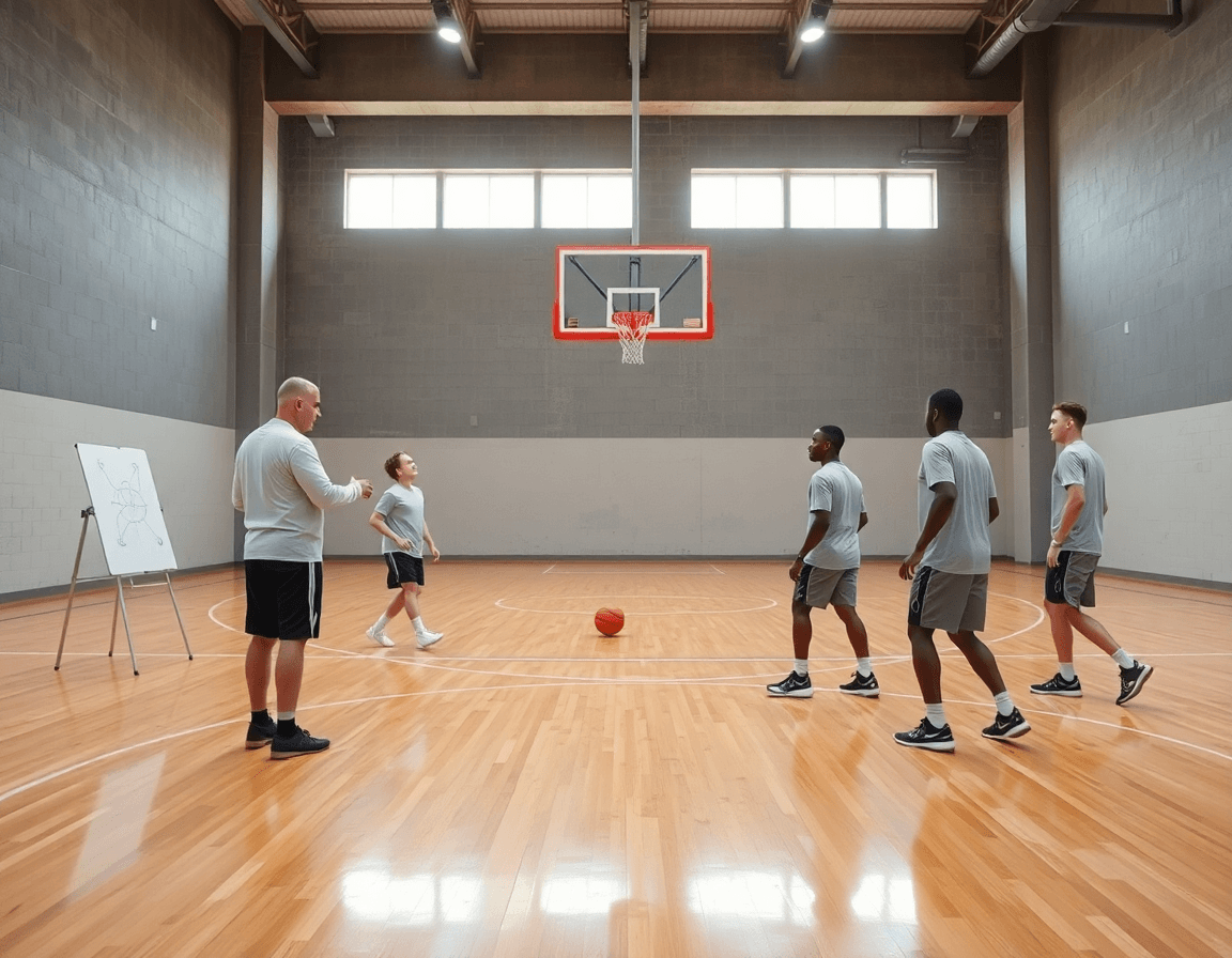 Vista amplia de baloncesto en un gimnasio interior, equipo practica top basket bajo luces.
