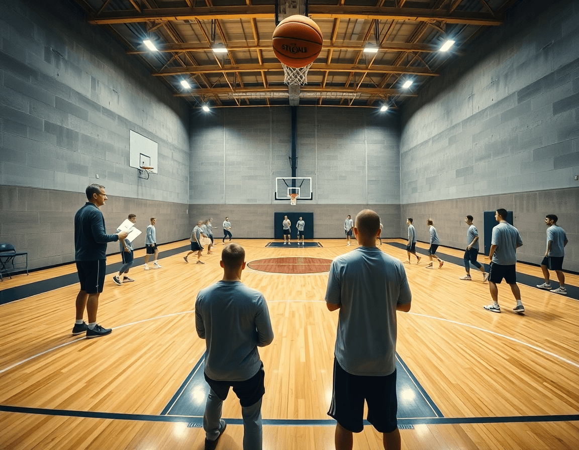 Panorámica de baloncesto en una cancha interior, entrenador con pizarra dirige top basket.