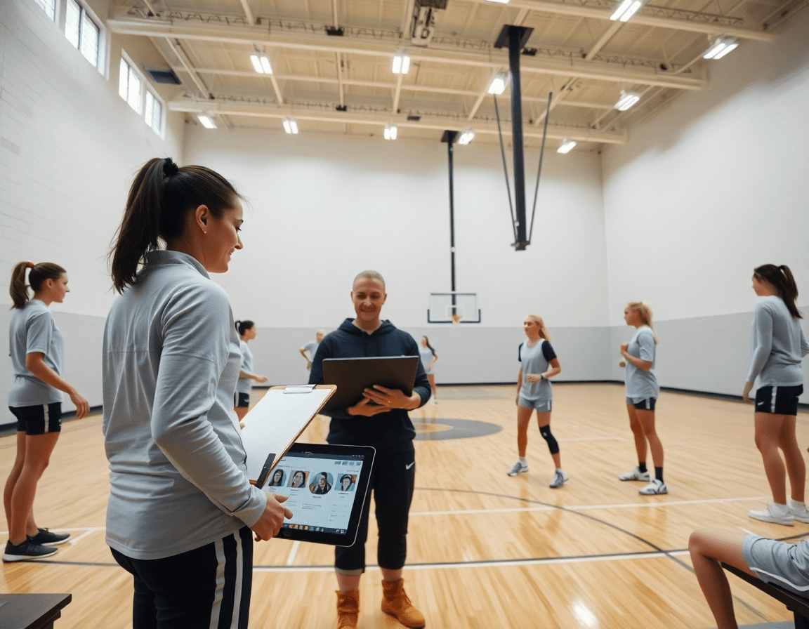 Plano amplio de baloncesto femenino en gimnasio, entrenador con pizarra dirige práctica.