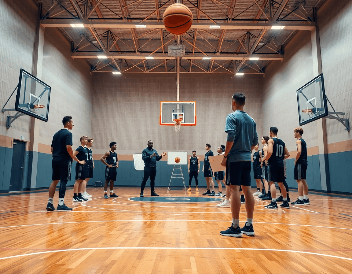 Vista amplia de una cancha de baloncesto; entrenador con tablilla dirige un plan semanal del club baloncesto.