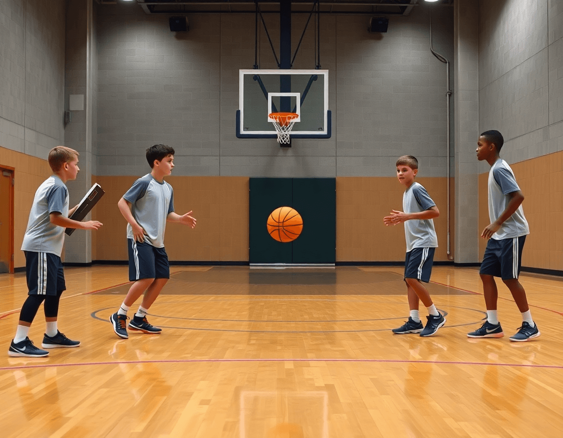 Jugadas baloncesto infantil en acción: entrenador dirige drill en cancha de baloncesto infantil.