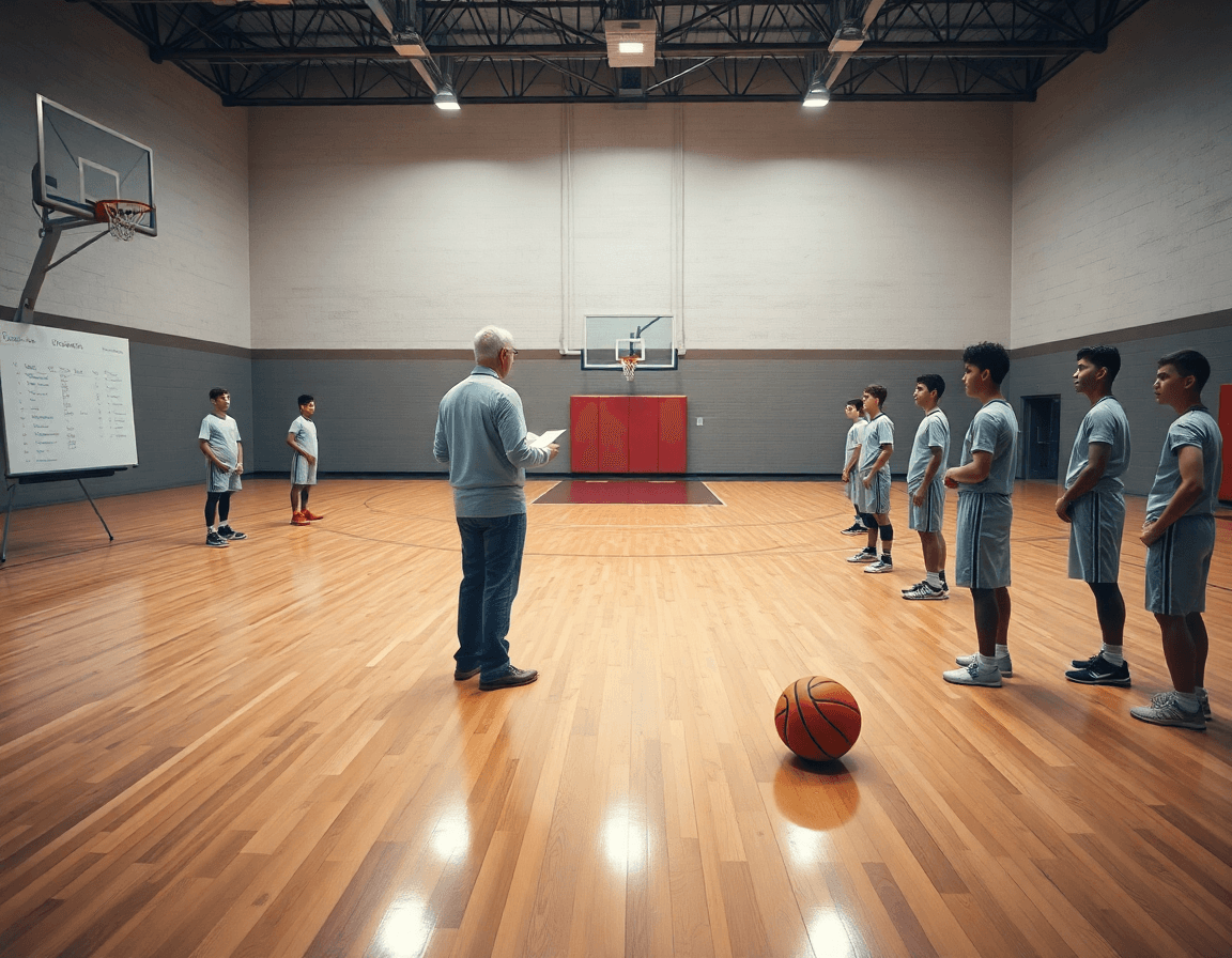 Planificación semanal de jugadas baloncesto infantil en una cancha de baloncesto interior con equipo.
