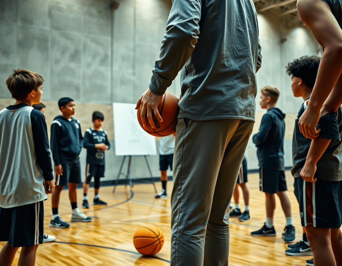 Detalle de jugadas baloncesto junior en acción durante un entrenamiento, manos y balón.