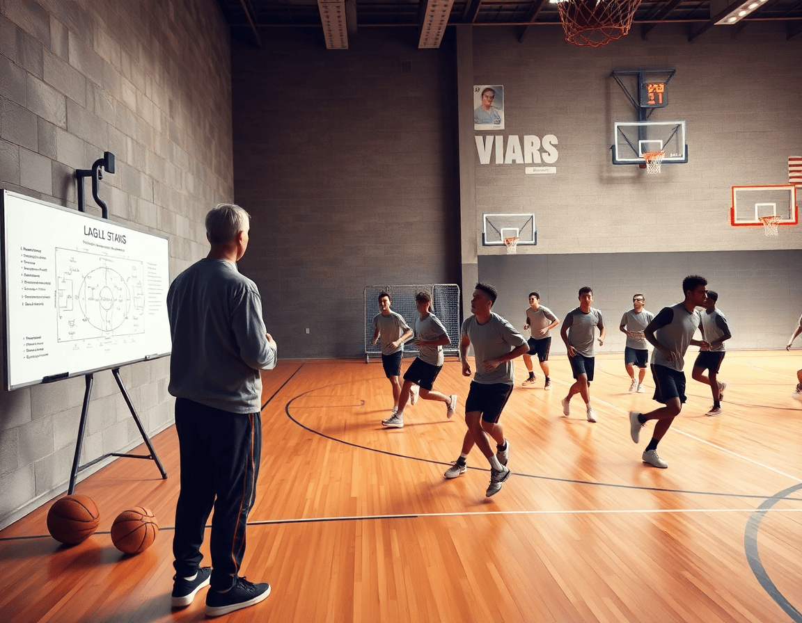 Planificación de jugadas baloncesto junior en un entrenamiento real, con equipo, entrenador y balones.