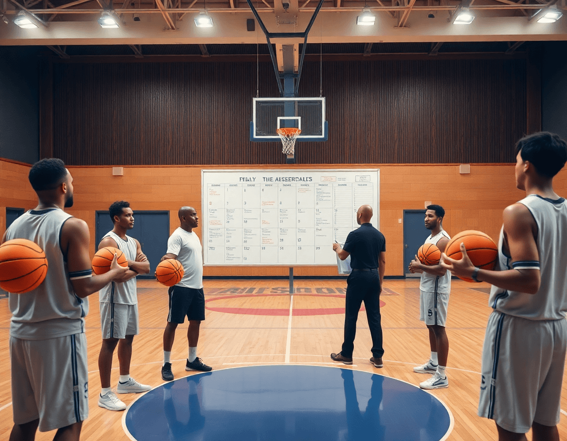 Enfoque semanal de ejercicio baloncesto para entrenadores en un gimnasio real, claramente visible.
