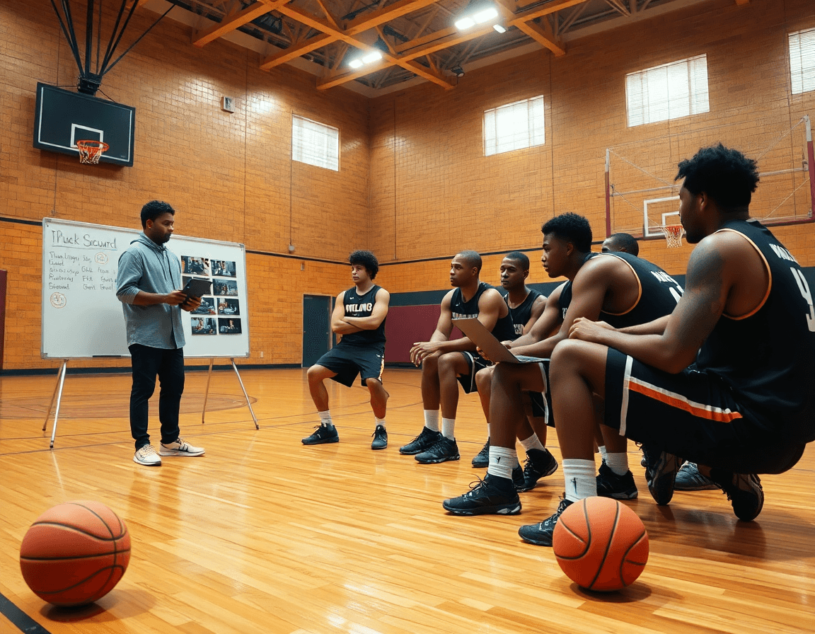 Sesión de scouting de ejercicio baloncesto y plan de juego para equipo.