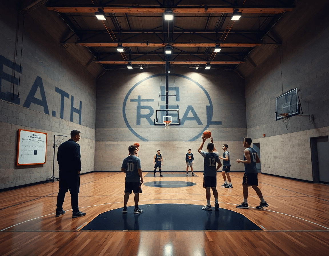 Escena amplia de ejercicio baloncesto en un gimnasio real, entrenador dirige ejercicios semanales con equipo.
