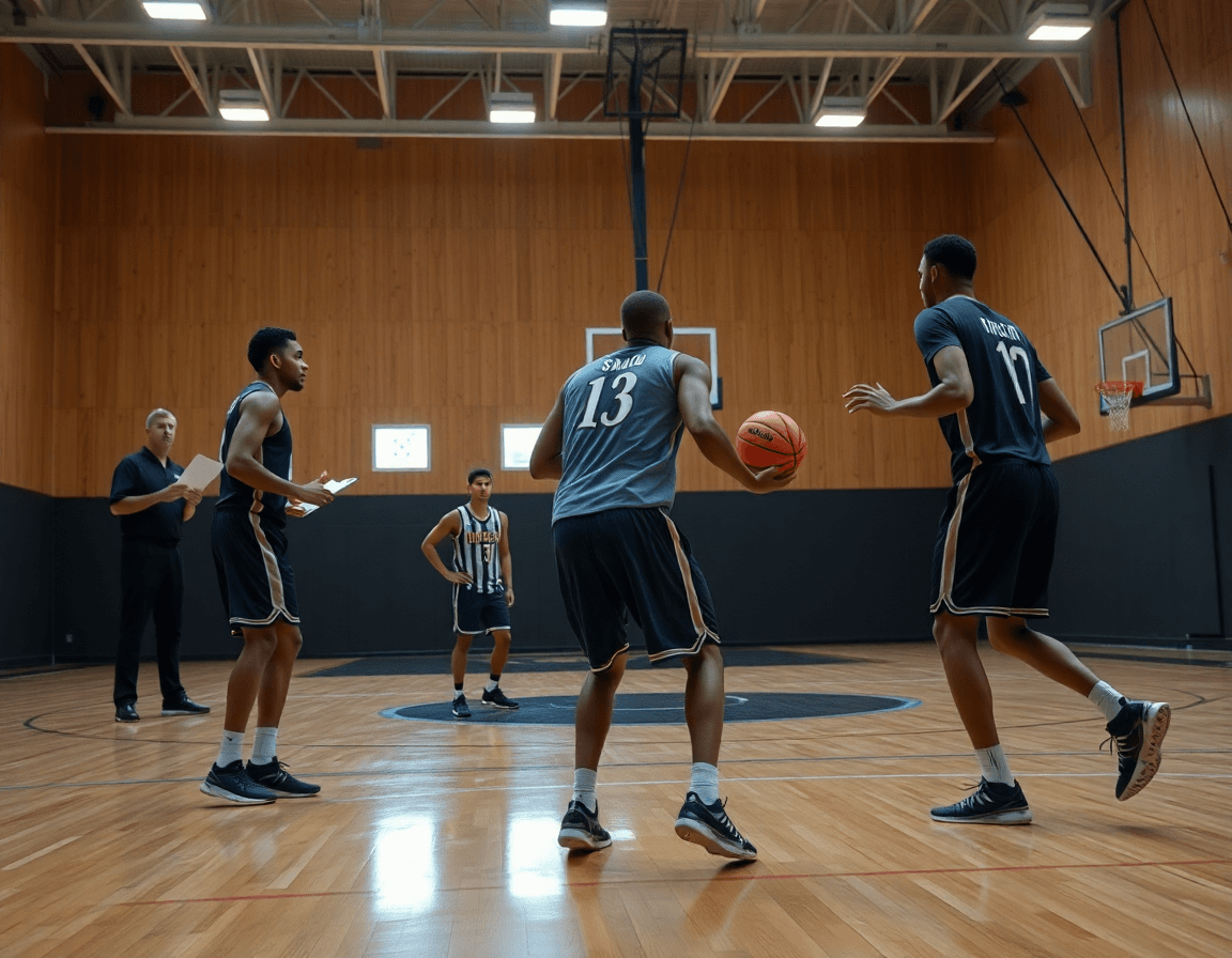 Primer plano de un jugador y un entrenador con pizarra táctica, mostrando la plantilla scouting baloncesto.