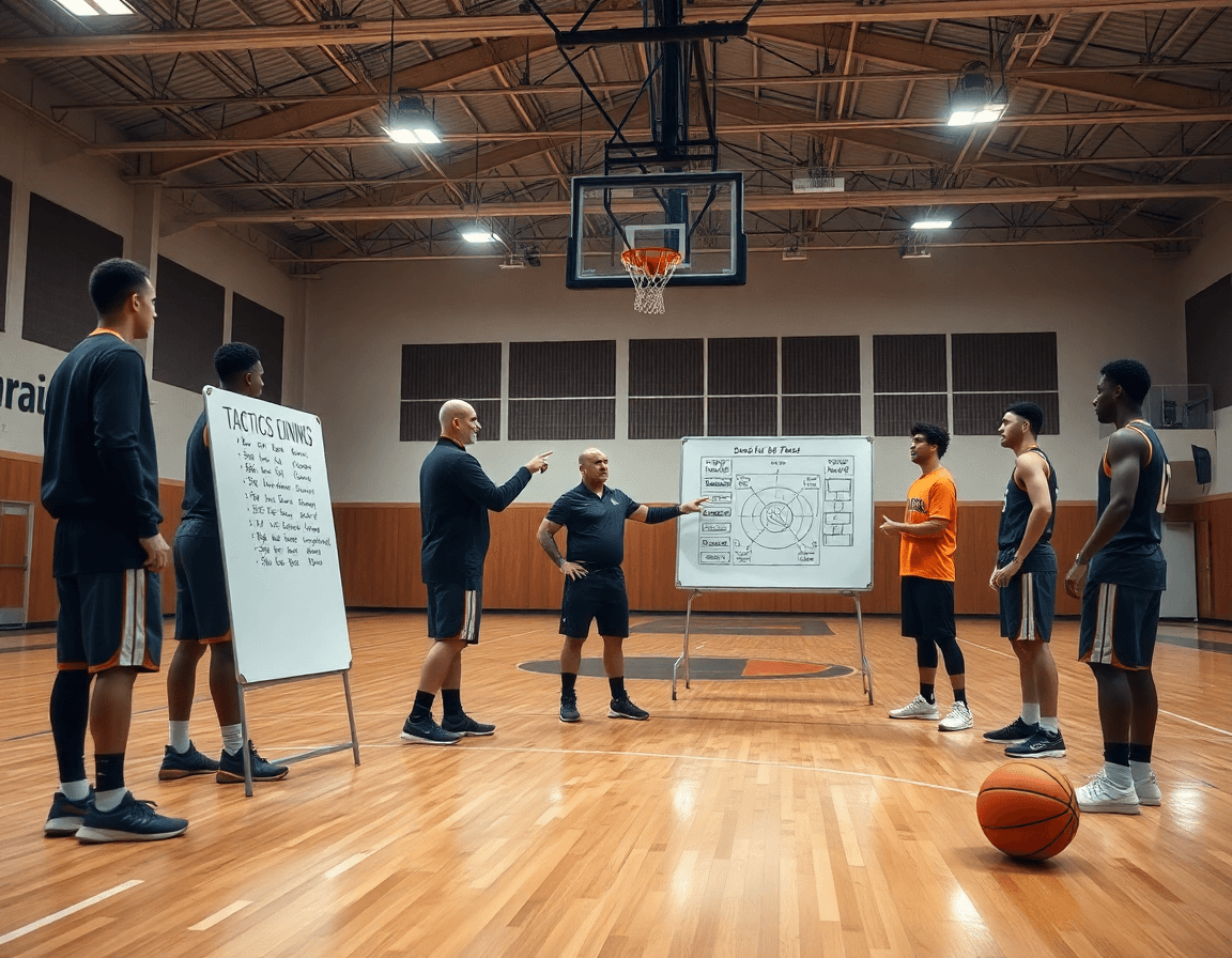 Plano medio de entrenador y jugadores en baloncesto mirando una pizarra, mientras se analizan informes de scouting baloncesto.