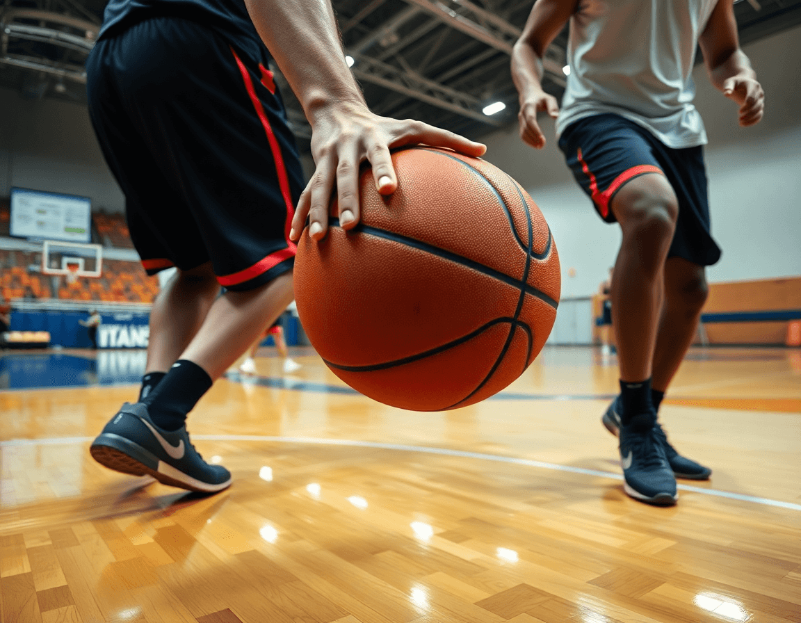 Plano detalle de manos con balón de baloncesto y tablet mostrando datos de scouting baloncesto.