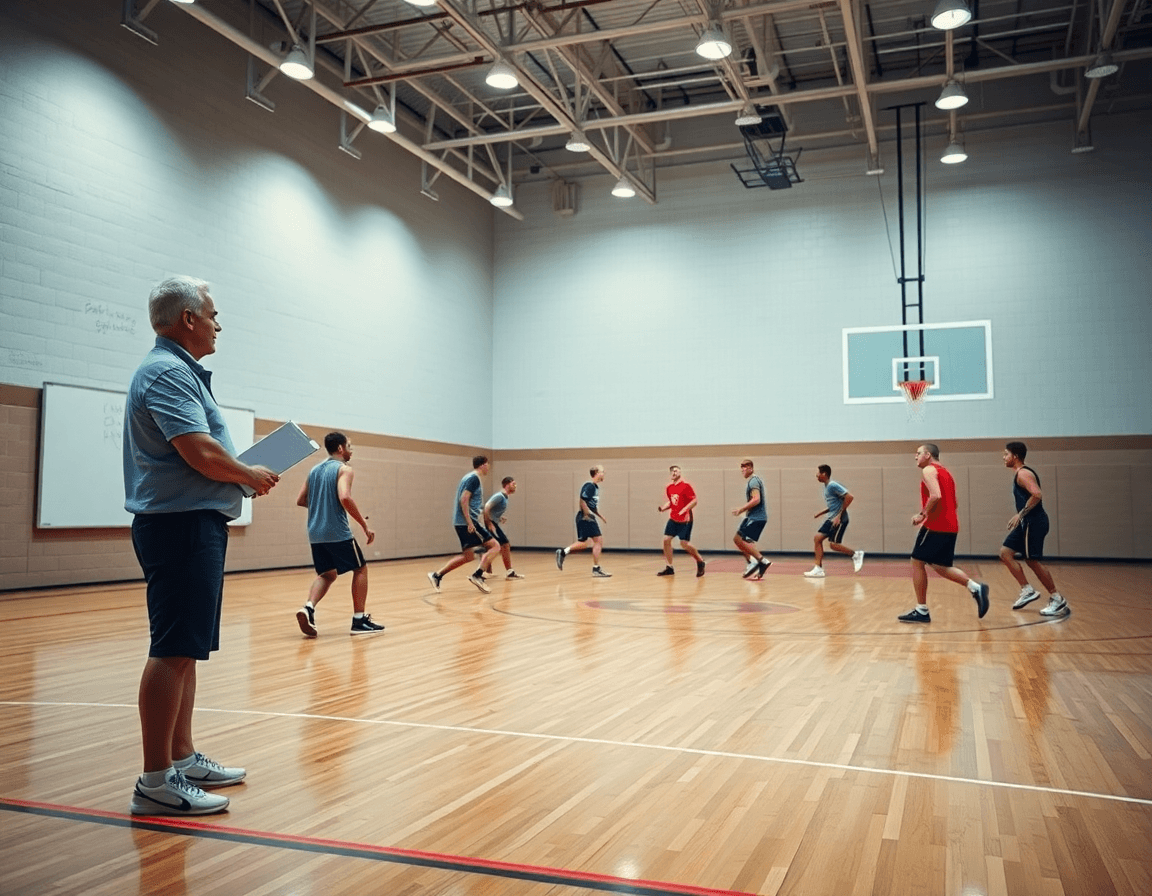 Escena amplia de baloncesto en un gimnasio con entrenador y equipo practican; plantilla scouting baloncesto en foco.
