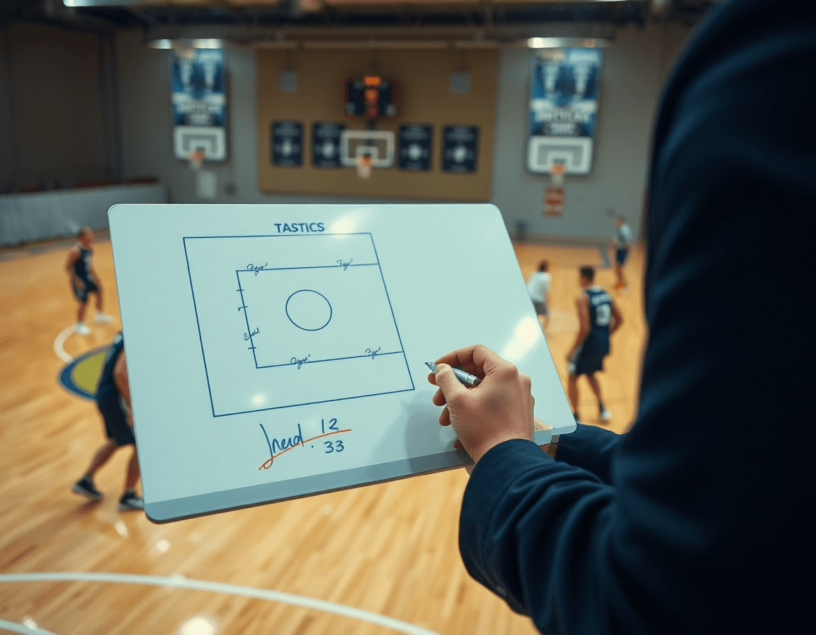Primer plano de entrenador mostrando playbook baloncesto durante entrenamiento en cancha de baloncesto.