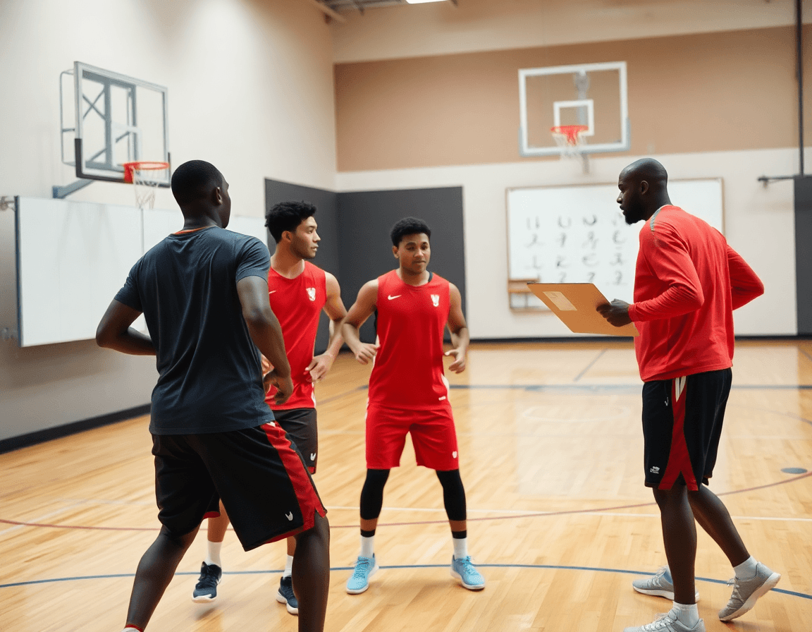 Plano medio de tres jugadores en kits ejecutando playbook baloncesto en cancha de baloncesto cubierta.