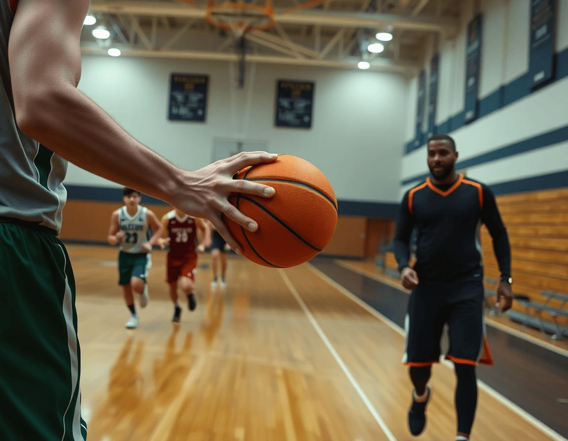 Primer plano de manos pasando un playbook baloncesto durante un drill en la cancha de baloncesto.
