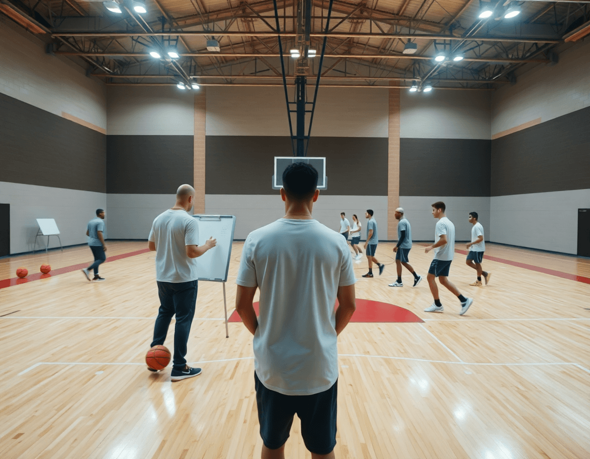 Plano amplio de una cancha de baloncesto durante entrenamiento con un playbook baloncesto en uso, entrenador y jugadores.