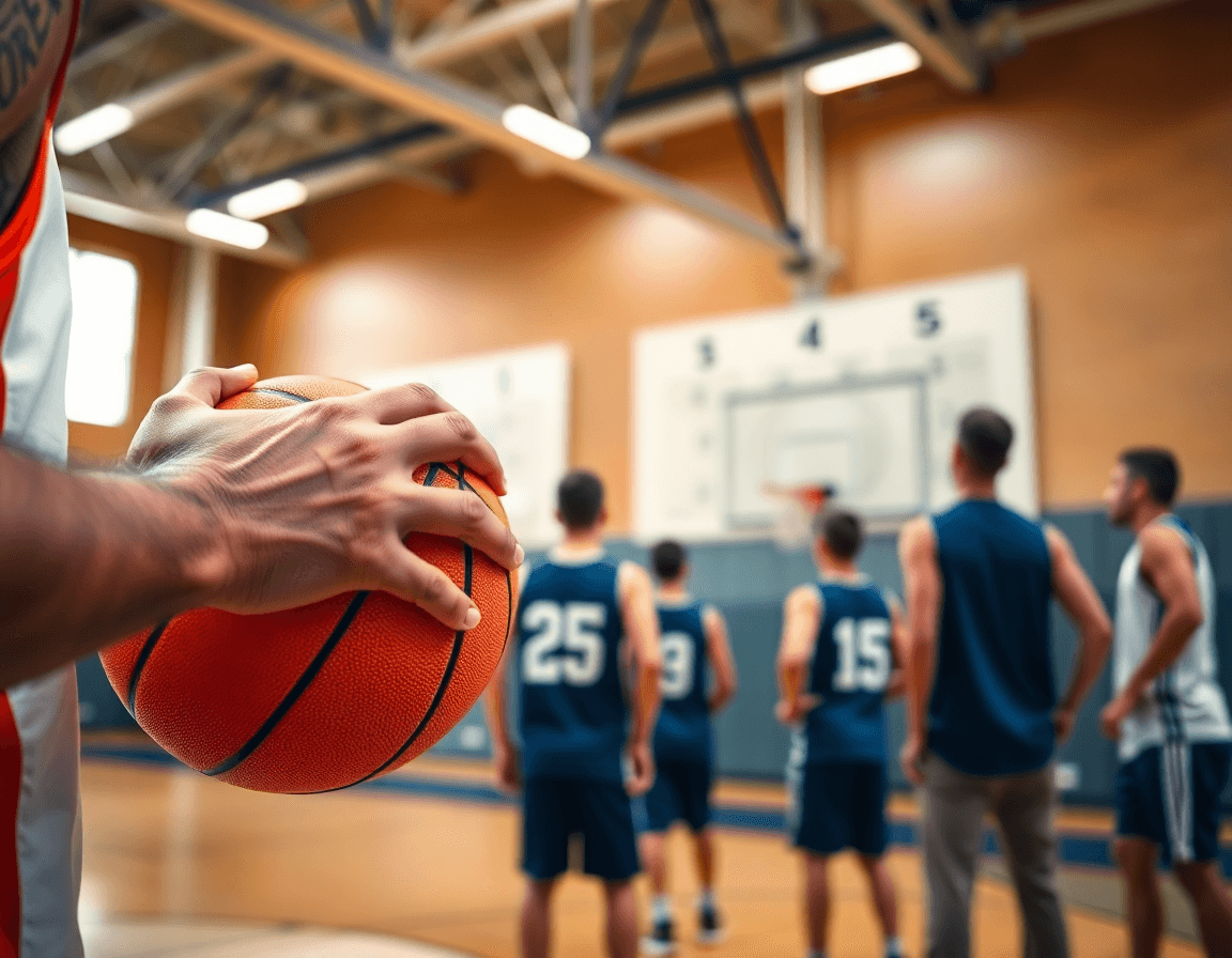 Primer plano de una jugadora sosteniendo un balón, poste alto y poste bajo en baloncesto.