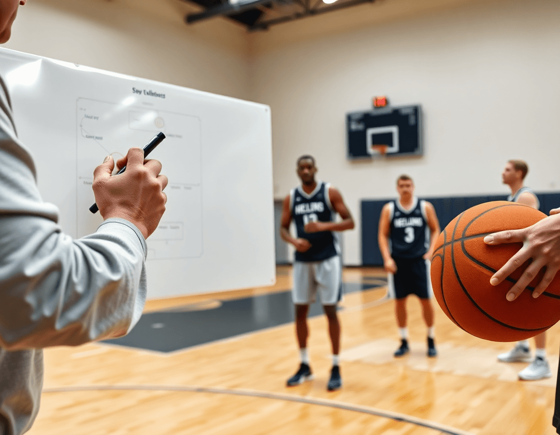 Plano cercano de un entrenador dibujando una jugada para poste alto y poste bajo en baloncesto.
