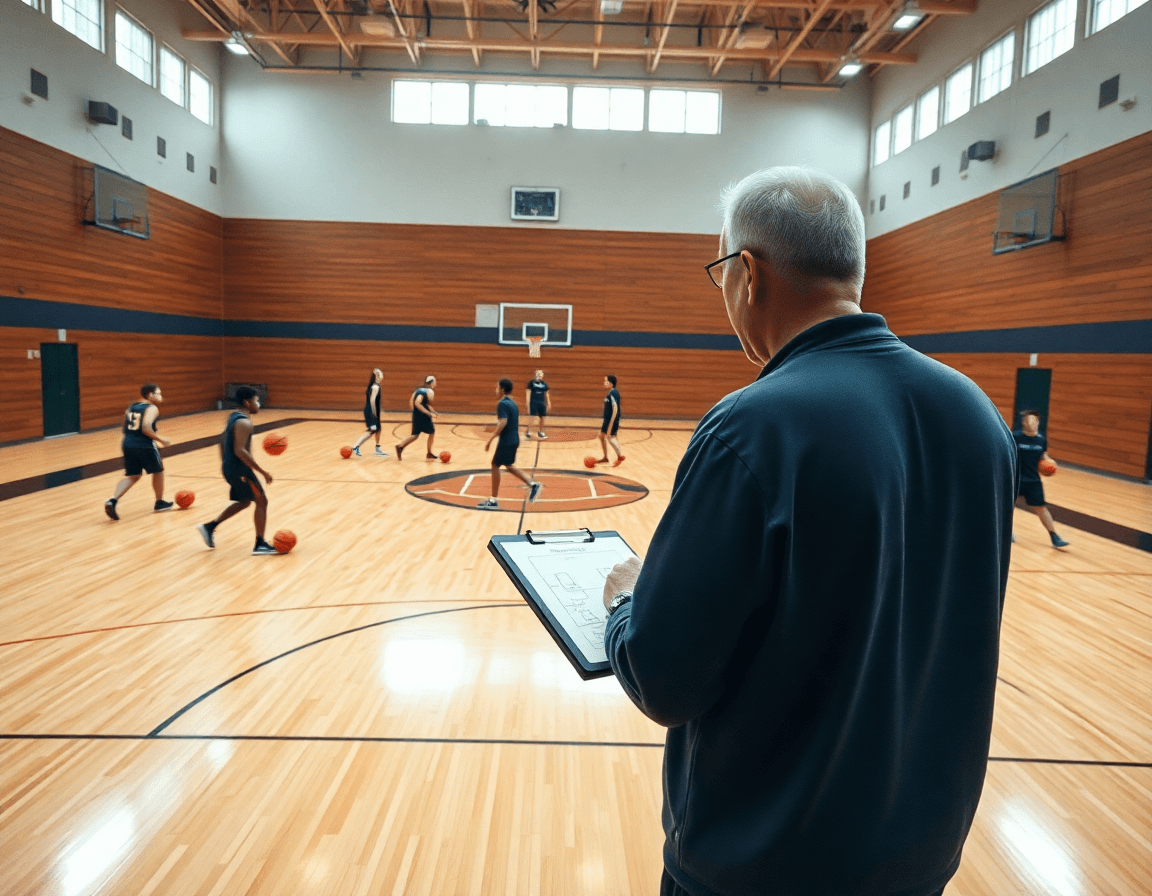Entrenadores observan poste alto y poste bajo en baloncesto durante sesión de equipo.