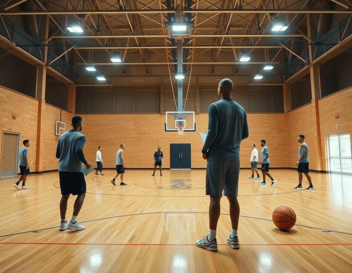 Dominio de poste alto y poste bajo baloncesto en un gimnasio: entrenador dirige ejercicios y jugadores