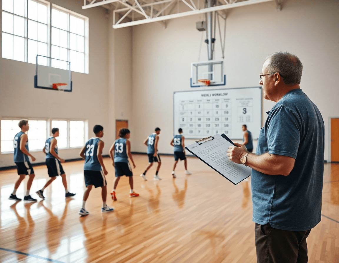 workflow semanal de entrenamiento baloncesto aragon: entrenador muestra planes y jugadas a las jugadoras.