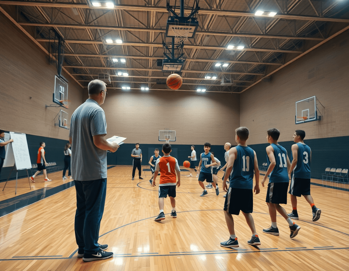 resultados baloncesto infantil femenino aragon en acción: entrenadores observan jugadas y dirigen el juego en la cancha.