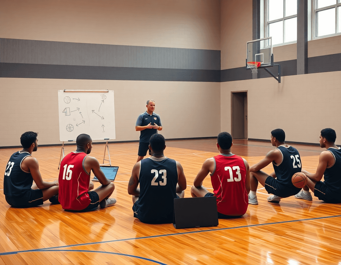 Sesión de scouting baloncesto en la cancha, entrenador mostrando jugadas simples mientras los jugadores observan.