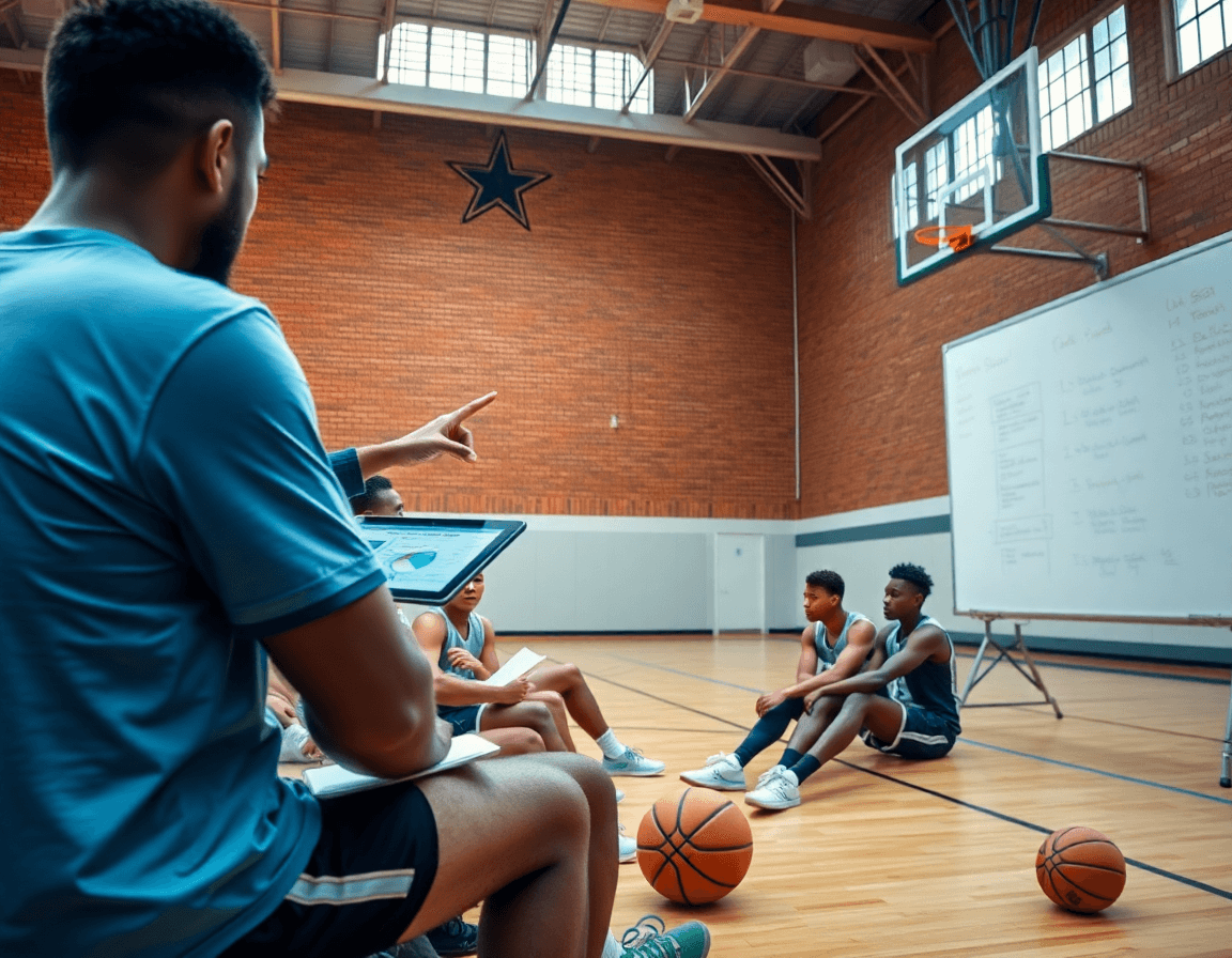 Análisis de scouting baloncesto durante la sesión, entrenador con tablet y jugadores tomando notas.