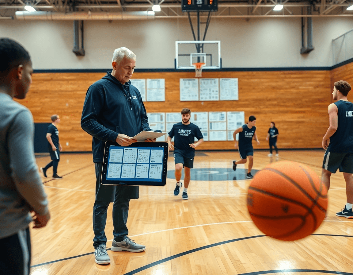Plantillas de scouting baloncesto en la cancha, entrenador organiza ejercicios y planifica la temporada.