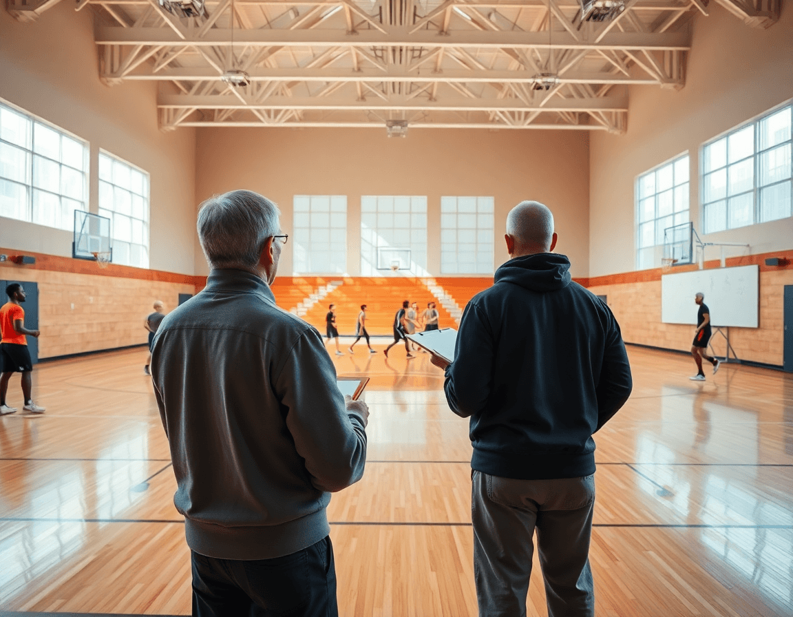 Escena amplia de scouting baloncesto en un gimnasio de baloncesto, entrenador con pizarra y jugadores en práctica.