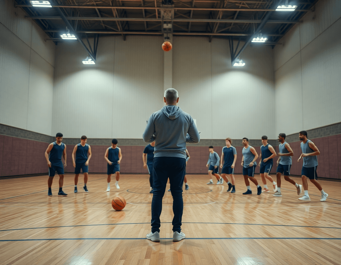 sesión entrenamiento baloncesto infantil en una cancha, coach y equipo practican con balón naranja.