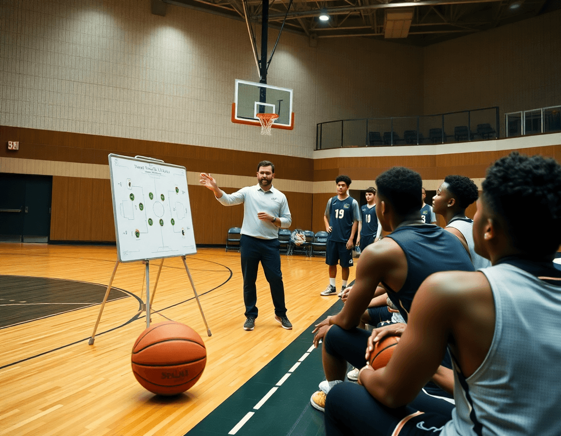 Coach dibuja jugada en pizarra durante la sesion de entrenamiento de baloncesto para niños.