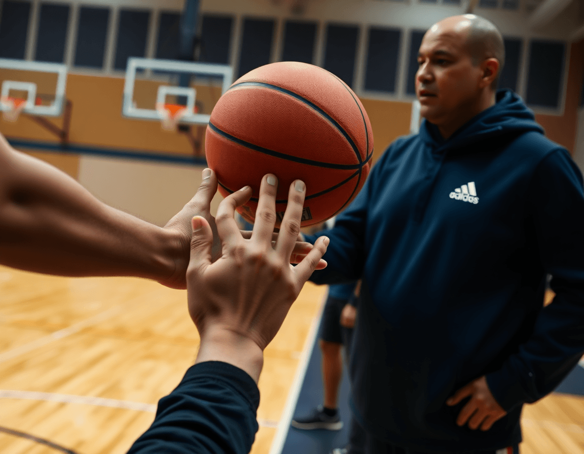 Manos sujetando un baloncesto durante la sesion de entrenamiento de baloncesto para niños.