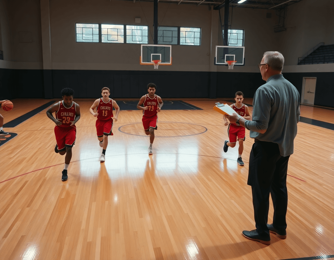 Cinco jugadores en cancha realizan un drill de baloncesto en la sesion de entrenamiento de baloncesto para niños.