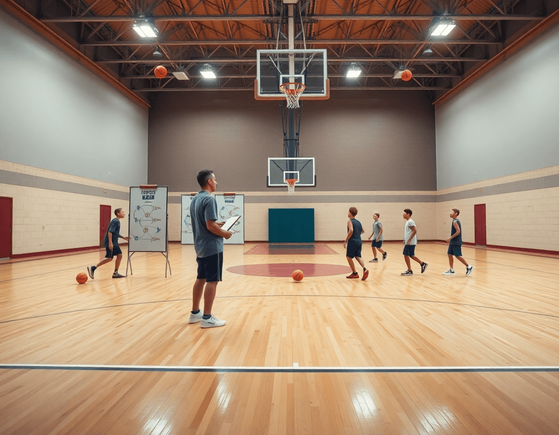 Sesion de entrenamiento de baloncesto para niños en una cancha de baloncesto, entrenador y jóvenes practicando.
