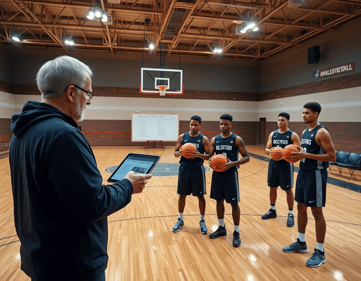 Checklist semanal de scouting y preparación de rivales en baloncesto, con jugadores atentos.