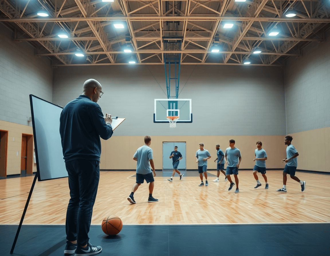 Escena de baloncesto con entrenador y jugadores mostrando el sistema de juego del baloncesto ofensivo y defensivo.