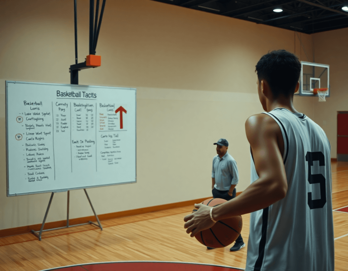 Primer plano de un jugador driblando baloncesto mientras el coach señala tácticas para sistemas ataque baloncesto.