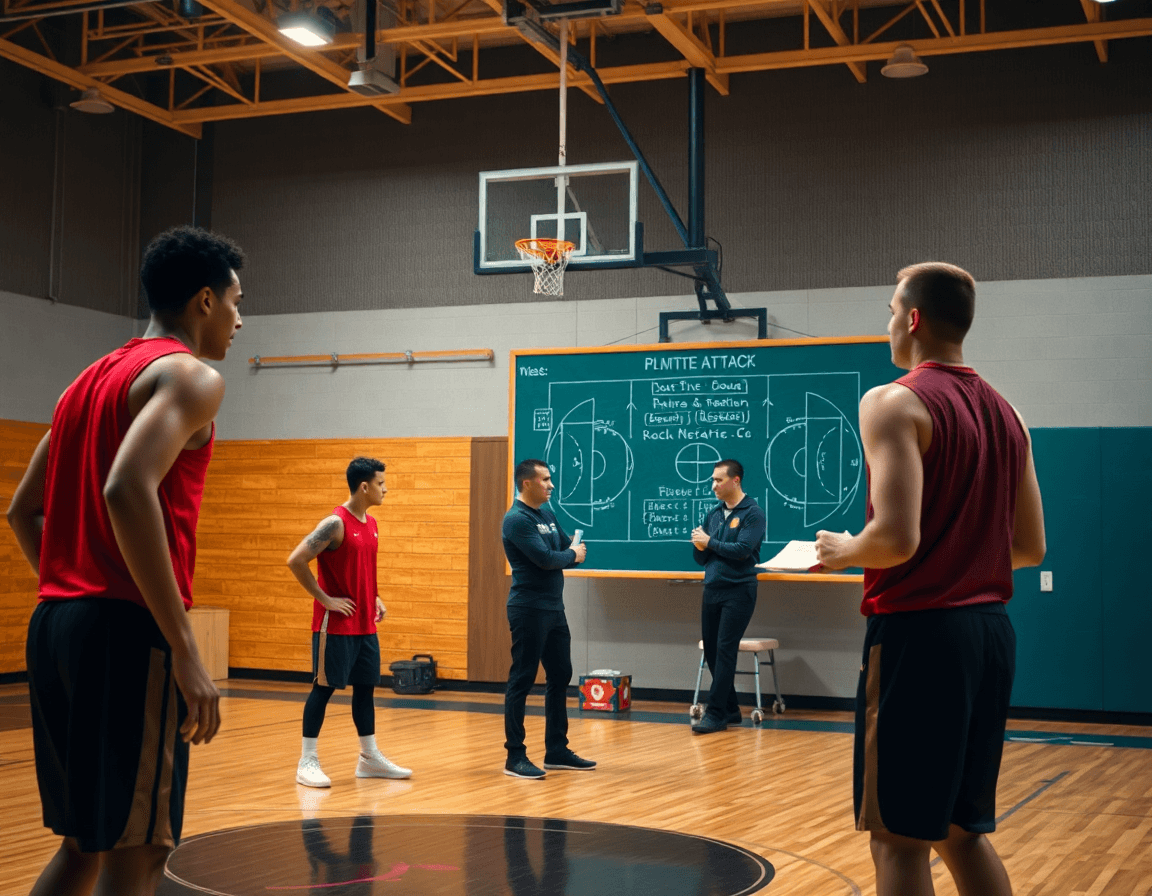 Plano medio de jugadores practicando una jugada mientras el coach usa una pizarra para sistemas ataque baloncesto.