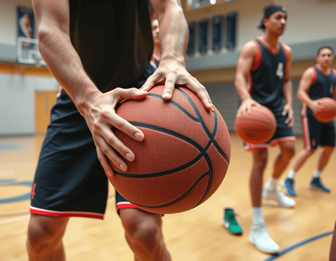 Primer plano de manos sujetando un balón de baloncesto mientras compañeros ejecutan un movimiento para sistemas ataque baloncesto.
