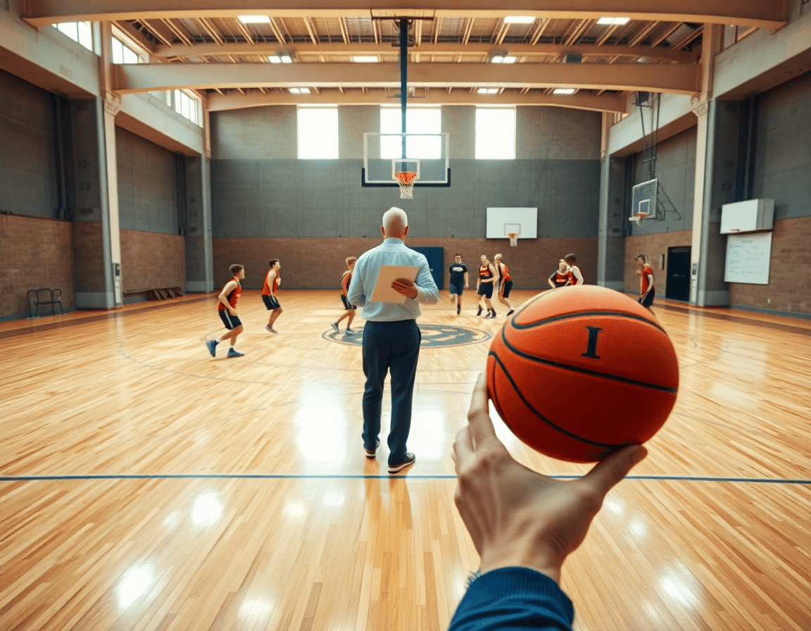 Entrenamiento de sistemas ataque baloncesto en la cancha, con equipo y balón naranja.
