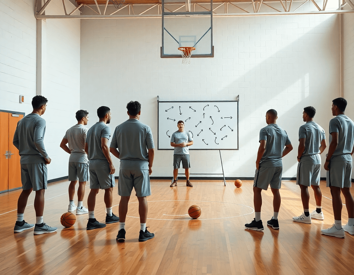 Primer plano de manos guiando jugadas en la pizarra, mostrando sistemas baloncesto para la plantilla.