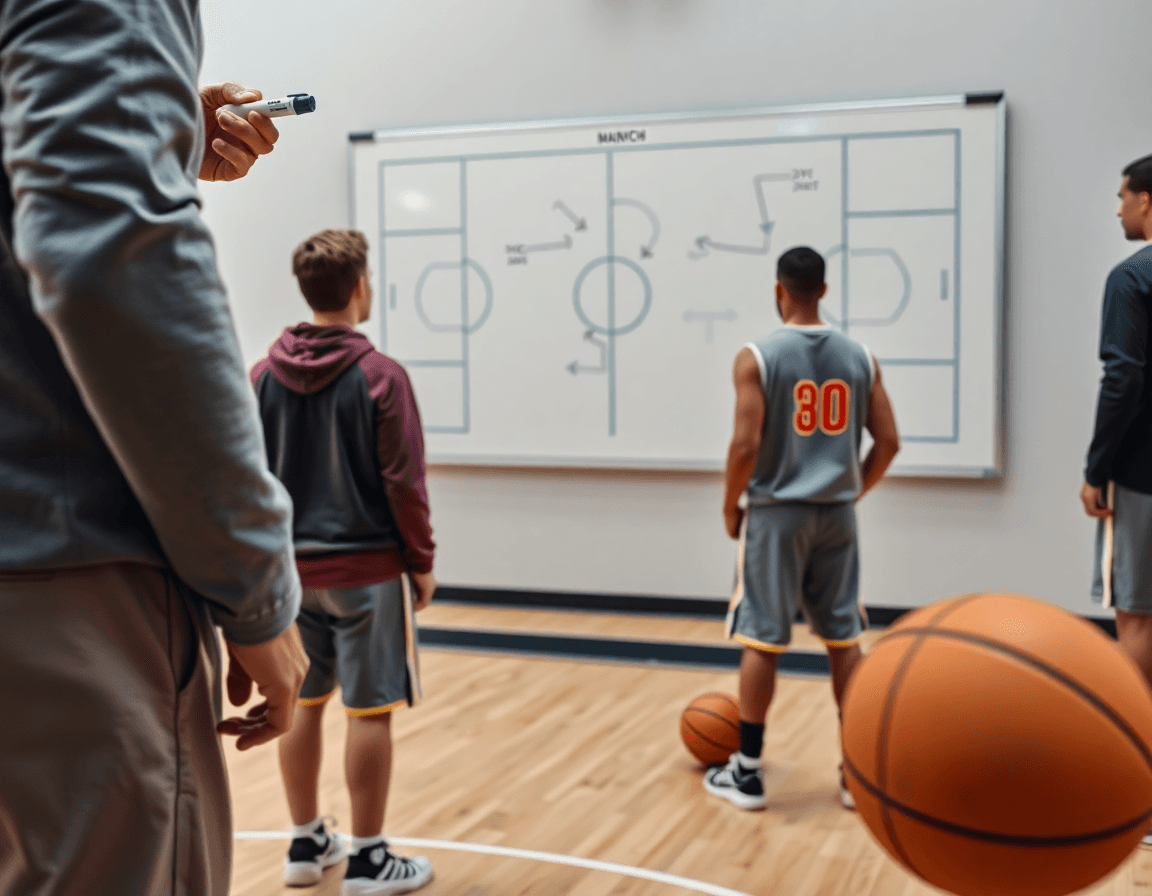 Enfoque cercano en las manos del entrenador marcando jugadas en la pizarra con flechas para sistemas baloncesto.